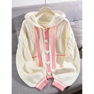 Women’s Casual Knit Cardigan, Long-Sleeve Hooded Sweater, Patchwork Heart Button Design, Autumn/Winter Fashion