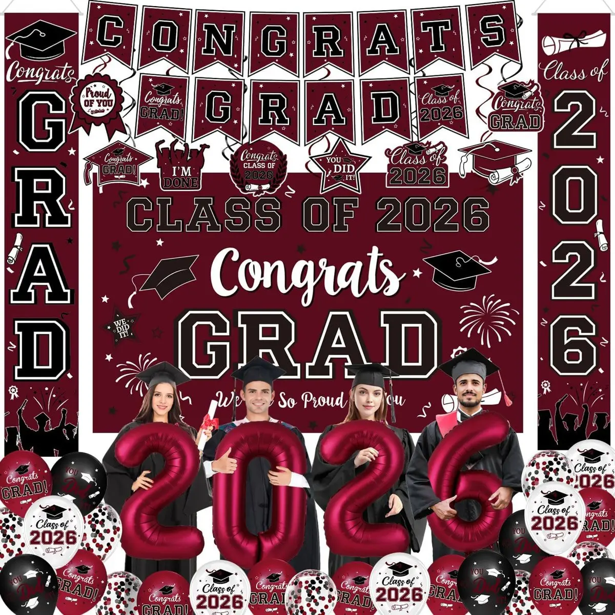 Graduation Decorations Class of 2026 - Graduation Party Supplies with Congrats Grad Backdrop & Banner, Hanging Swirls, Porch Sign, Balloons for High School & College Celebrations