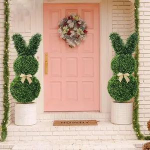 FZHCZWZX Easter Bunny Topiary Trees 2-Piece Adorable Rabbit Shaped Decor with Big Yellow Bow Durable Outdoor Use UV Resistant Eco-Friendly Festive Easter Theme