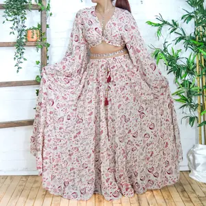 Flowy Celestial Skirt with Ruffle Sleeve Top,Whimsical Fairy Core Summer Skirt with Pockets, Boho Hippie 90s Fashion, Long Maxi Tiered Skirt