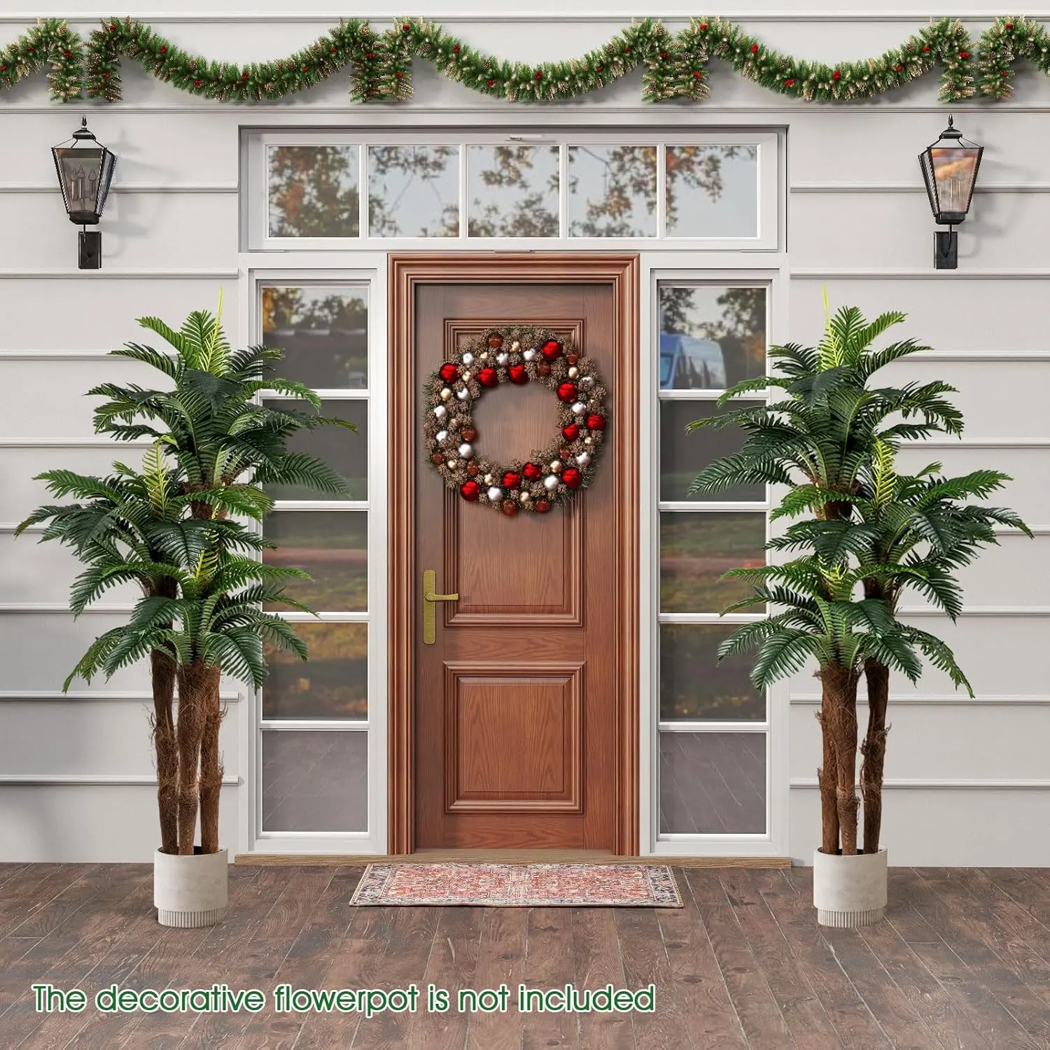 COSTWAY Artificial Topiary Trees, Set of 2 Faux Outdoor Tree with Cement-Filled Pot, Fake Greenery Plants Decorative Trees for Front Porch, Front Door, Balcony