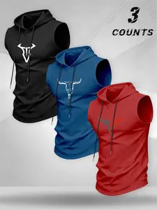 American Fitness Style Bull Print Hooded Sleeveless Tank Top, Elastic Men's Sport Training Breathable Quick-Dry Shirt, Fitness Outfits, Fitness Vest Shirt
