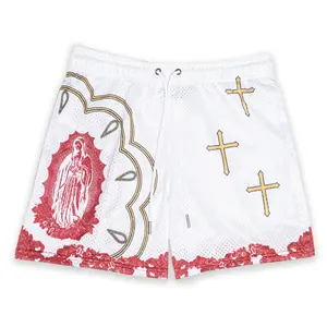 Guadalupe Inspired Art Print Mesh Shorts, Vintage Religious Style Graphic Streetwear, Breathable Athletic Summer Drawstring Casual Gym Shorts Unisex