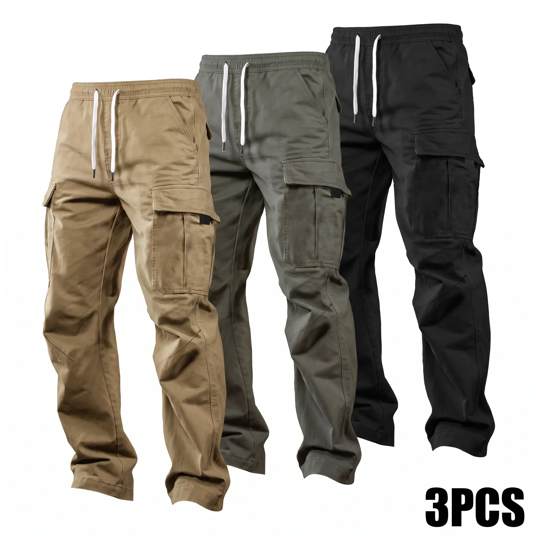 Men’s solid-color cargo pants, 3-pack, drawstring waist, large pockets on both sides; outdoor sports casual long pants with a loose fit that helps prevent overheating; suitable for hiking, fishing, outings, and everyday streetwear in spring and autumn.