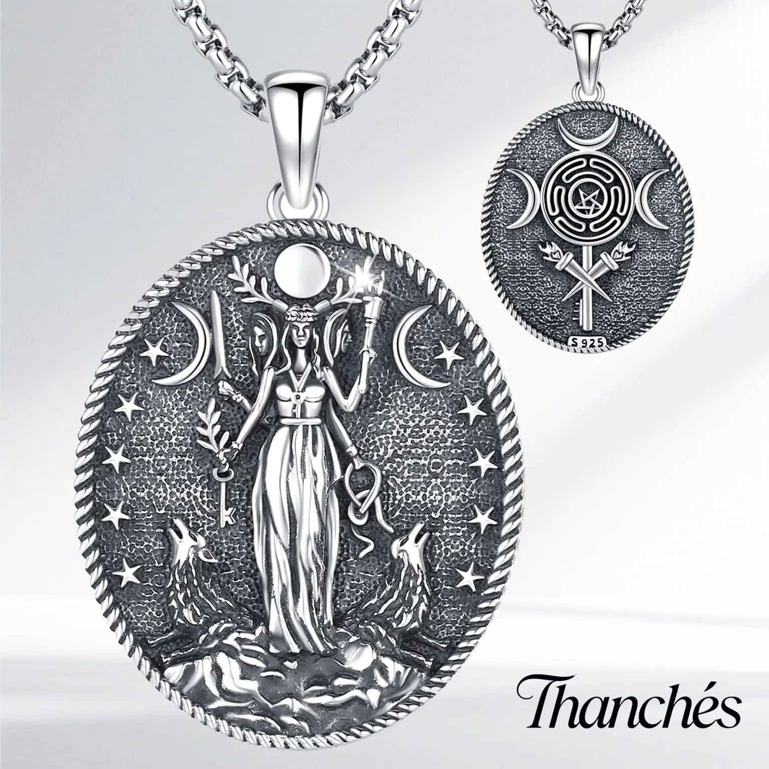 Thanches 925 Sterling Silver Hecate Triple Moon Goddess Spiritual Pendant Necklace, Greek Magic Witchcraft Moon Amulet, Wiccan Jewelry Gift for Women