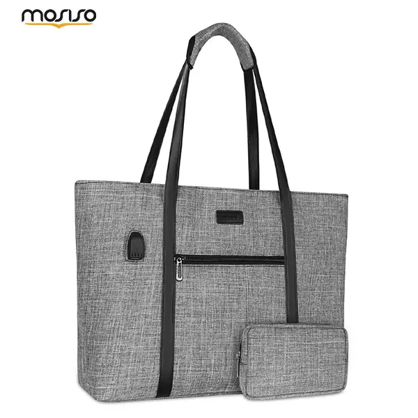 MOSISO Laptop Tote with USB Charging for men women, water-resistant work computer bag, 2-compartment organizer with padded section, small purse included, trolley sleeve, gift for business travel/office/school, fits Chromebook/MacBook, 17.3 inch, Pu Leathe