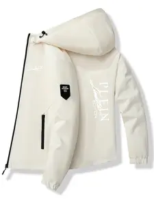 Luxurious Hooded Jacket, Polyester Fabric, Elegant Print Design, Slim-Fit Casual Style, Spring & Fall Fashion Outerwear
