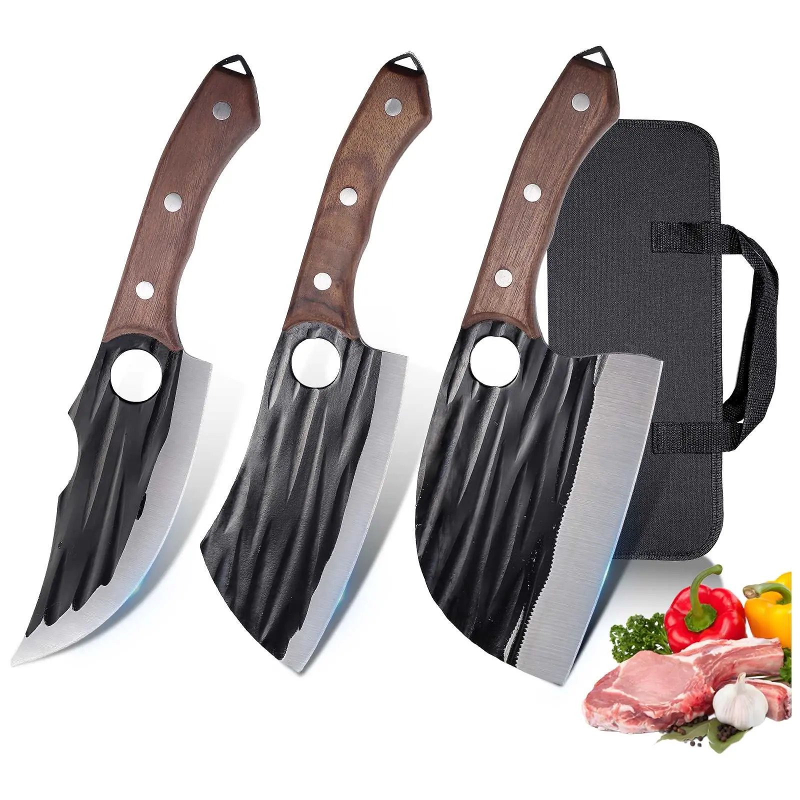 Butcher Knife Set with Bag，Kitchen Meat Cleaver Serbian Chef Knife Full Tang High Carbon Steel for Meat Cutting Processing,Hand Forged Viking Carving Knife