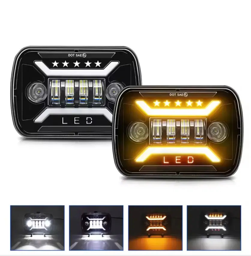 7x6 Inch Rectangular LED Headlights, X-Shaped Halo DRL Amber Turn Signal Sealed Beam Headlamp, DOT SAE Certified, Compatible with Lada Niva Urban, Jeep Cherokee, Classic Pickup Truck, Offroad 4x4 Vehicles, 2PCS Black