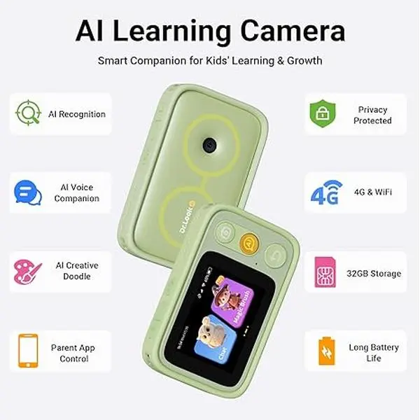 Learning Camera for Kids, STEM Learning Toy, Snap & Learn Camera with AI Object Recognition, Voice Interactive Chat, Creative Art, 5 Languages, Low-Blue Light Screen, 4G & WiFi（Green）