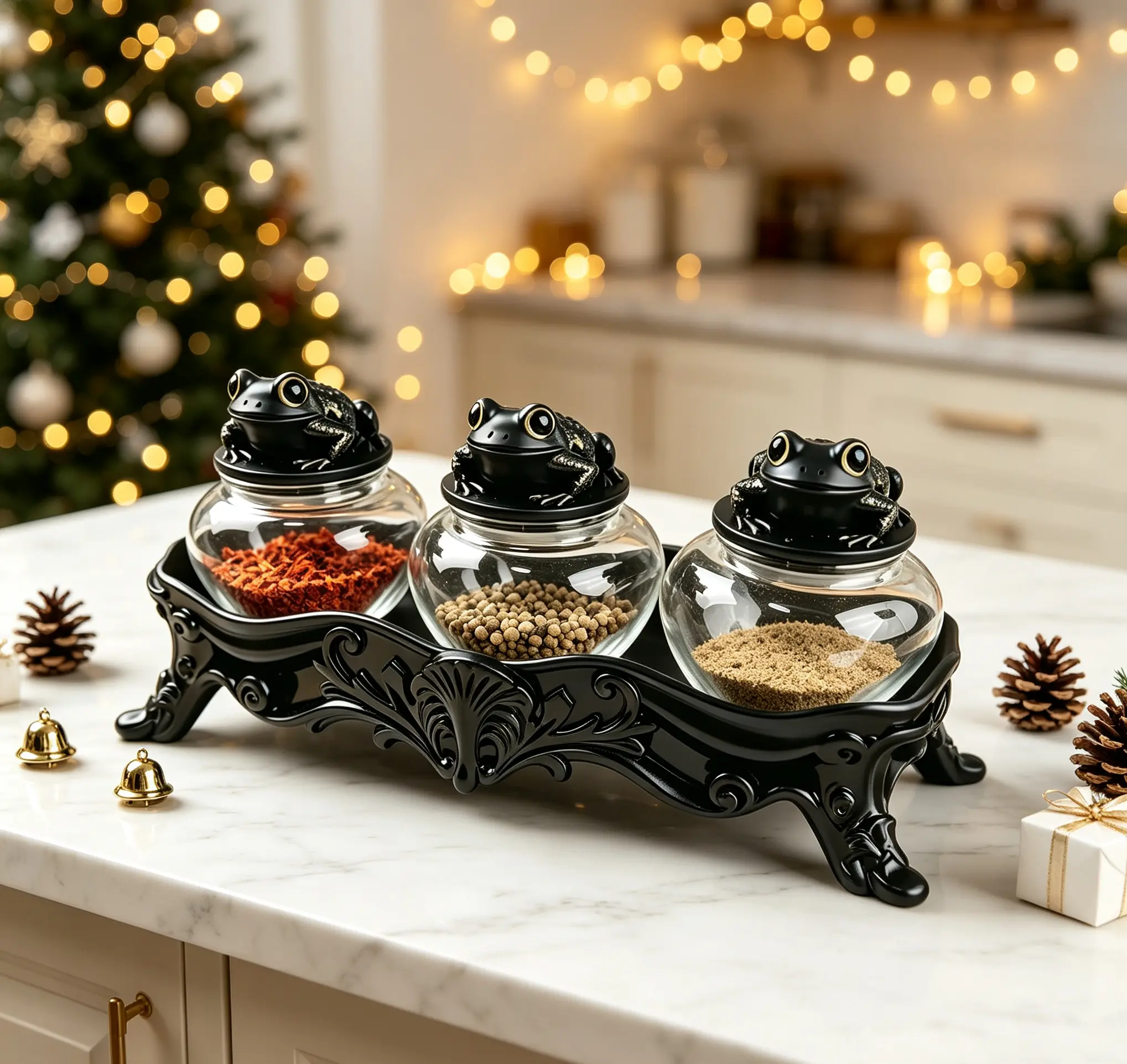 Thick Airtight Transparent Black Frog Lid Glass Spice Jars Set (3), Gothic Dark Aesthetic Seasoning Storage Containers with Vintage Carved Display Tray & Cute Frog Figurine Kitchen Decor Gift