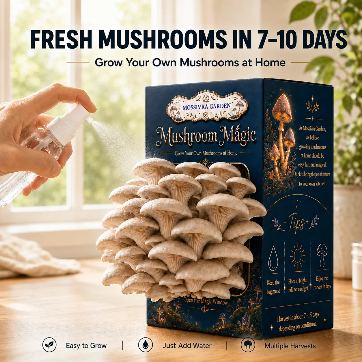 Organic Oyster Mushroom Grow Kit | Easy to Grow Indoors & Outdoors | Balcony, Patio & Garden Friendly | 1–7 Days Harvest | No Soil / No Sun Required | Multiple Harvests |  | Perfect for Home Kitchen & Gardening Enthusiasts | Non-GMO-Gift for Adults & Kids