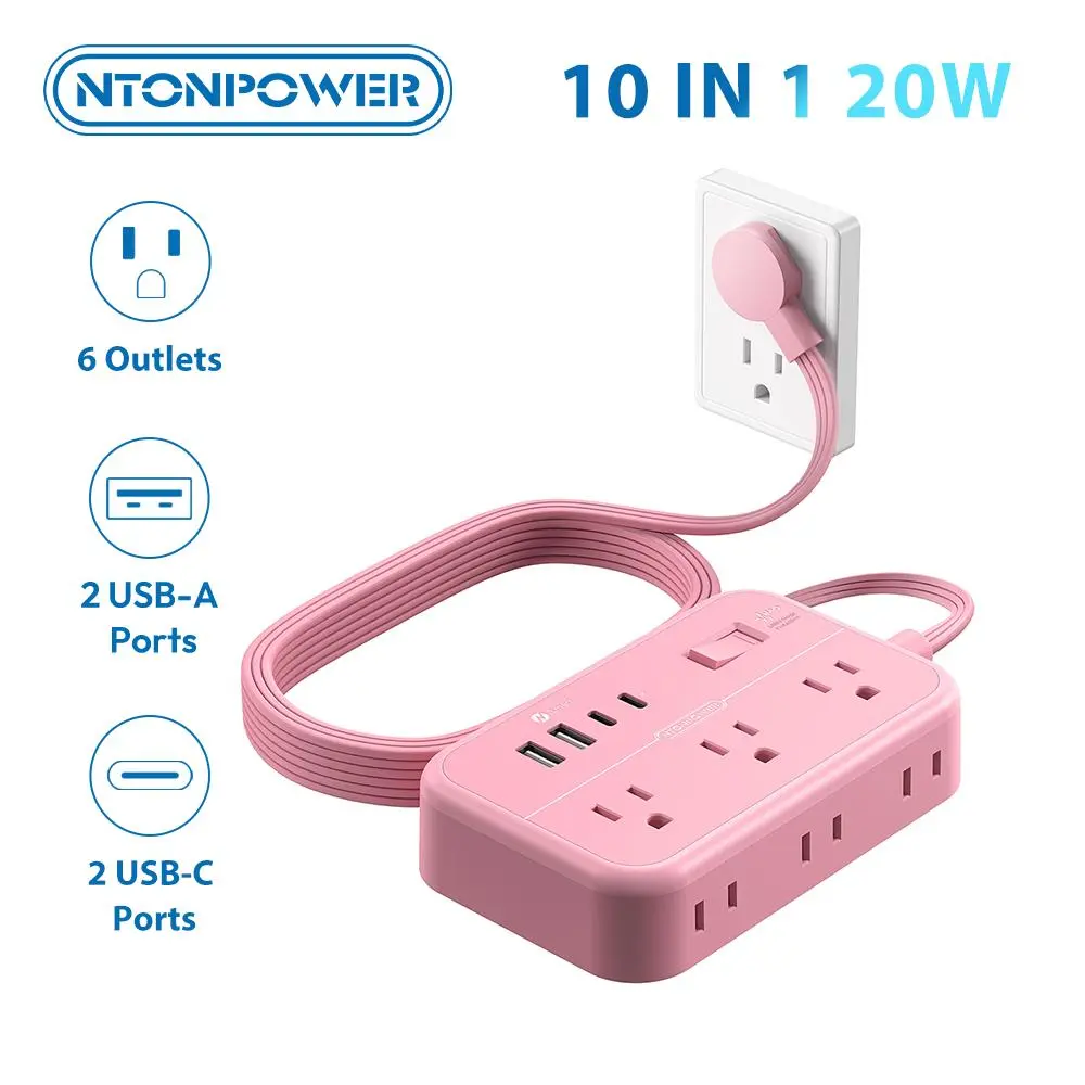 Pink Extension Cord Surge Protector Power Strip with 6 Outlets 4 USB Ports(20W), Flat Extension Cord with Multiple Outlets, 5 ft Flat Plug Outlet Extender for Indoor, Home, Office