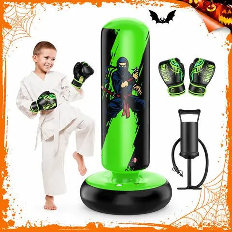 QPAU Kids' Boxing Bag with Gloves 66-Inch PVC Inflatable Set, for Ages 5-12 Boys & Girls, Indoor/Outdoor Karate Kickboxing MMA Practice Set Martial Arts Training, Halloween gifts giftideas