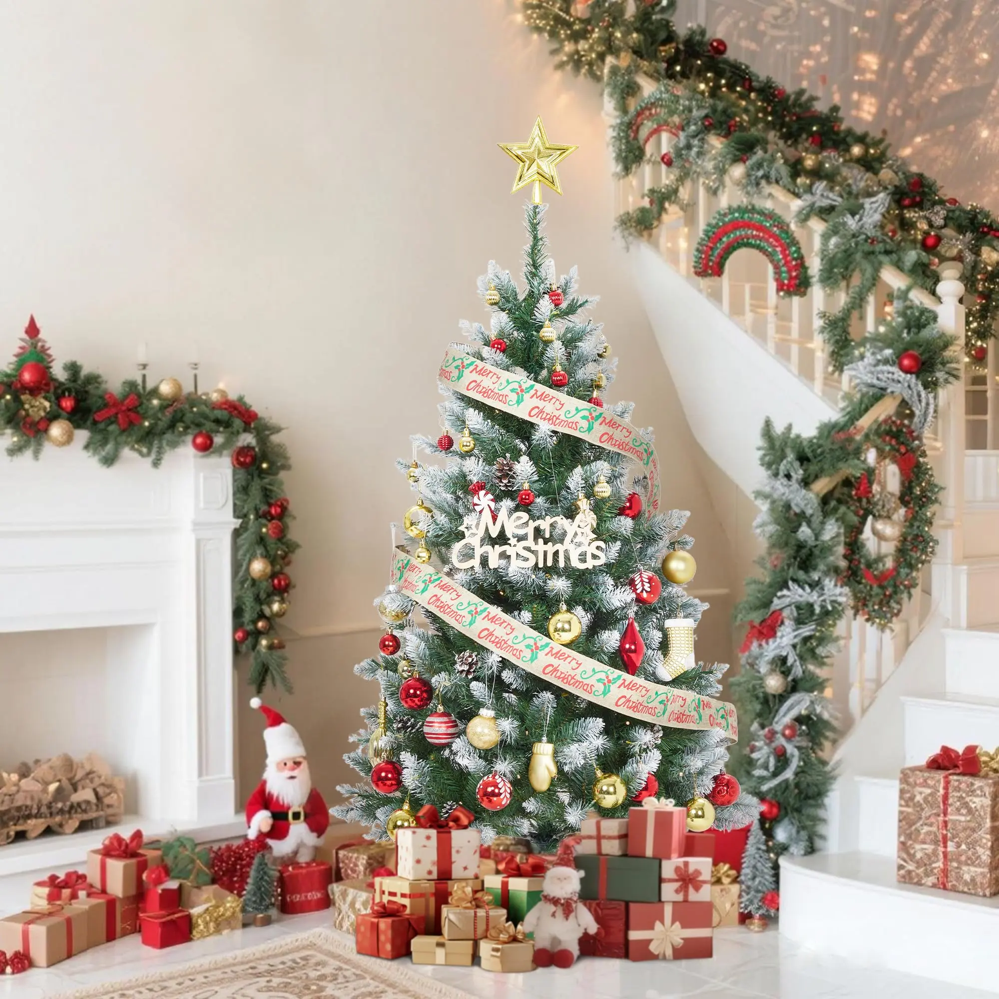 GAOMON 6 FT Artificial Christmas Tree, Christmas Tree with Decoration, Metal Base Easy Assembly for Home, Office, Party, Holiday Decor, Green