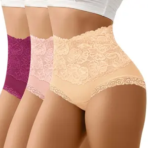 【Plus Size】MORELECT 3 Pcs MHigh Waist Panties for Women,Cotton Lace Underwear,Breathtaking & Comfortable,Lightweight & Breathable,Suitable for All Seasons,Tummy Control & Flattering High Rise Design