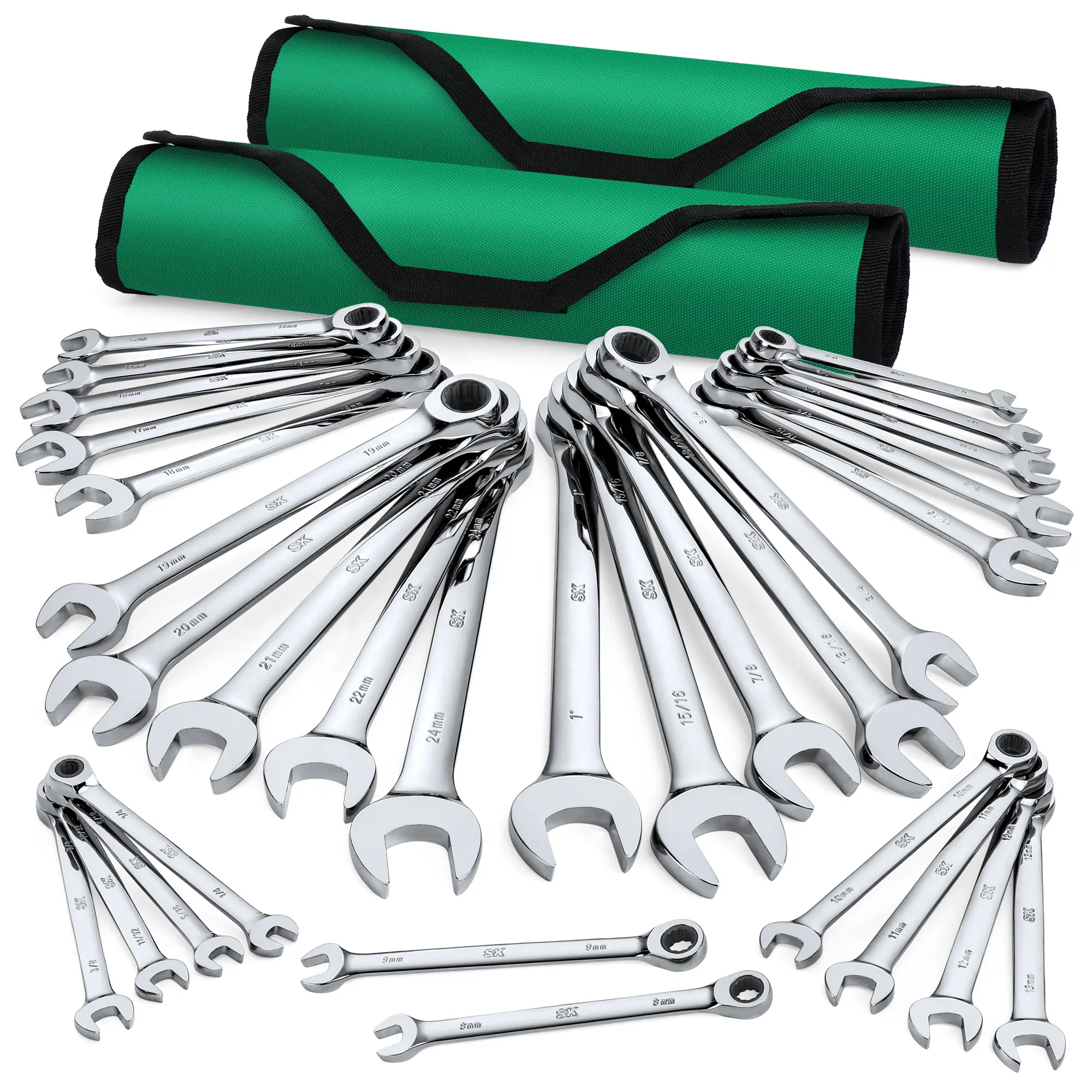 #fathersdaygift SK Ratcheting Wrench Set, Combination Wrench Set, 30-Pack, SAE 1/4" to 1", Metric 8 to 24mm, 72-Tooth, Premium CR-V Construction, with Rolling Pouch