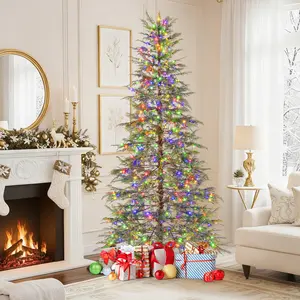COSTWAY - 7.5 Feet Artificial Christmas Tree with Branch Tips and Colorful LED Lights