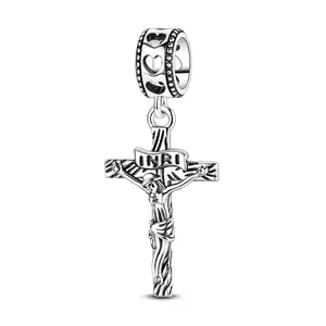 MULA S925 Silver-plated Jesus Cross Charm Religious Symbol Beads for Easter and Christmas, Faith Style Jewelry, Matches with Pandora Bracelets and Necklaces, Unisex