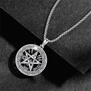 DRINSPER S925 Pentacle Tetragrammaton Necklace with Celtic Knot Pagan Necklace 925 Sterling Silver Viking Design Pentagram Necklace for Men Women, Amuleto De Proteccion Mystic Necklace, Vintage Wiccan Streetwear Hip Hop Jewelry Gift