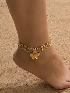 Vacation Style Series, Fringe Gold Flower Pendant Multi-Layer Anklet, Designed Specifically for Women, Elegant Foot Jewelry for Beach &Daily Outlook