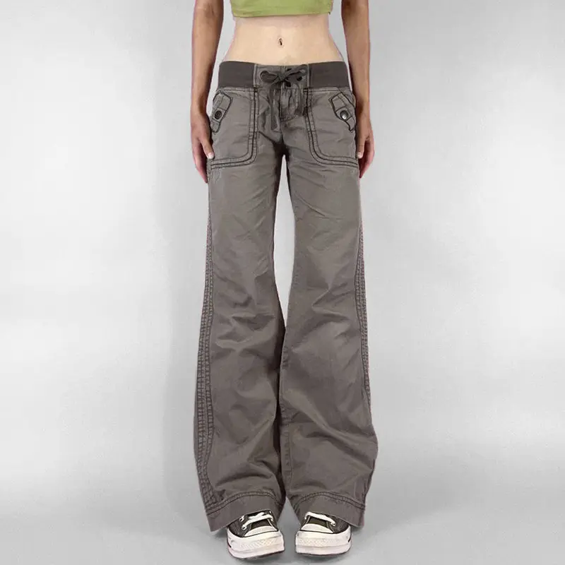 Vintage Street Pocket Hottie Straight Tooling Pants Women's Casual Outdoor Strap Low Waist Jeans
