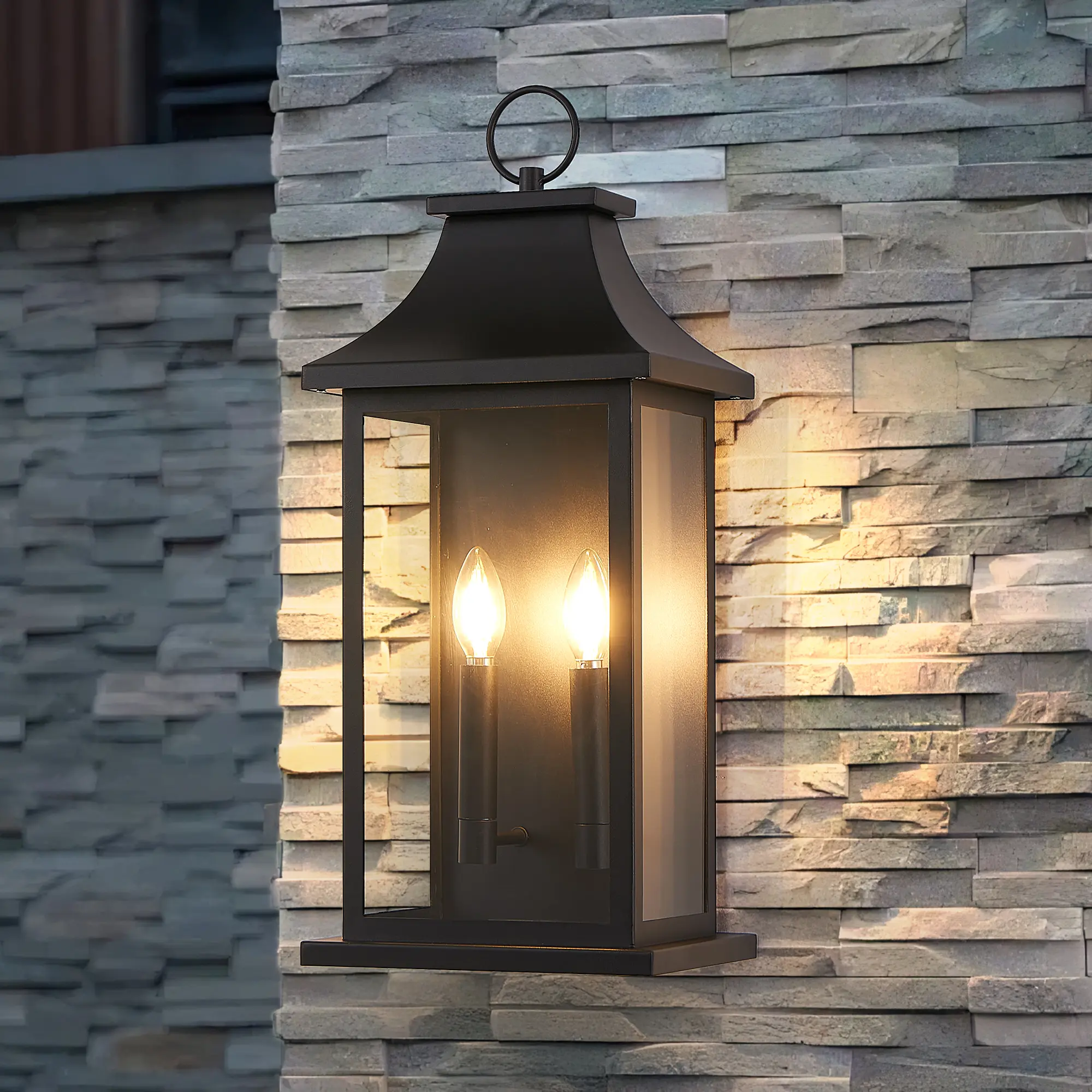 22 in Large Modern Black Outdoor Wall Lantern, 2-Light Exterior Wall Sconce with Glass Shade, Waterproof Fixture for House Porch, Bulbs Not Included