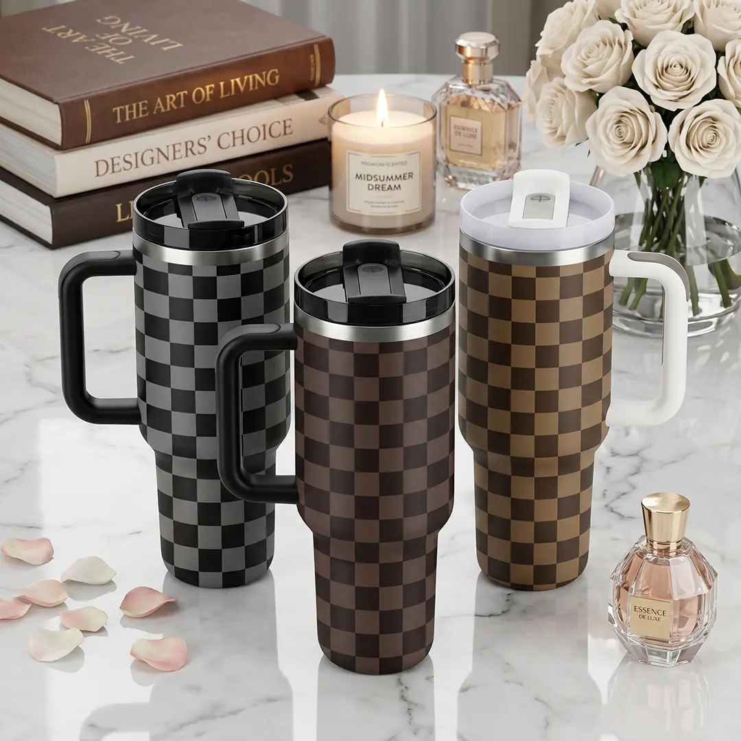 40oz Fashion Print Tumbler with Handle and Straw, Large Capacity Insulated Stainless Steel Travel Cup, Checkered Coffee Mug Fits Car Cup Holder for Work, Camping and Road Trips