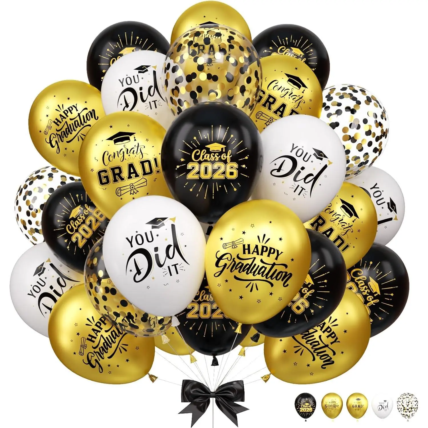 35 Pcs 12-Inch Metallic Confetti Graduation Balloon Set (Black, Gold, White, Black White Silver), Class of 2026 Design, Curling Ribbon-Included, Backdrop-Compatible, Grad Party Decoration Gift, Photo Prop Supplies, Bouquet