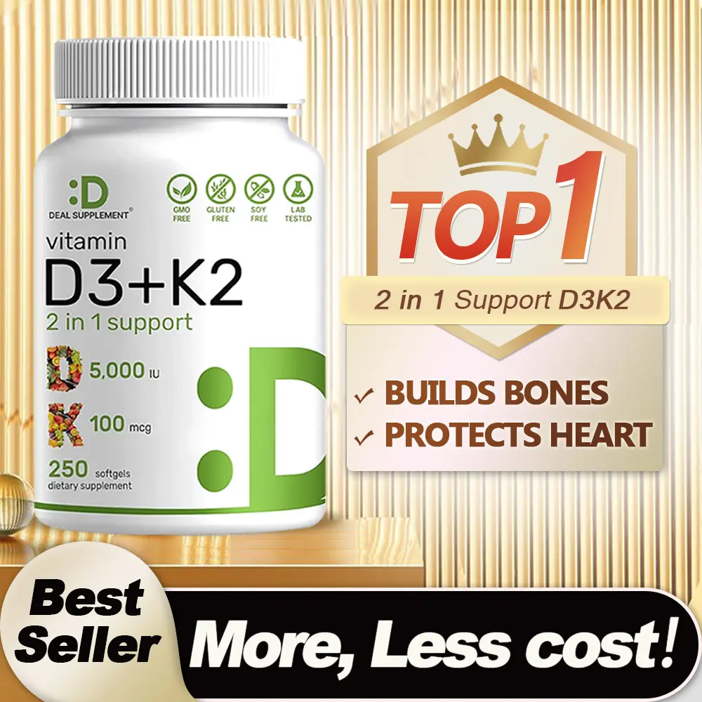 Deal Supplement Vitamin D3-K2 2-in-1 Capsules, 250 Veggie Softgels (250 Softgels for Long-Term Support), 5000 IU D3, 100mcg K2 MK7, Liquid-Infused, 3rd Party Tested, Supports Healthy Bones, Teeth & Calcium Absorption