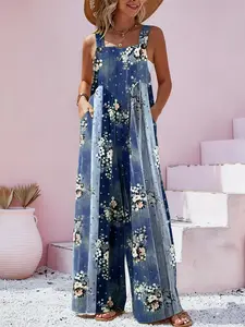 Plus Size All Over Print Floral Button Design Overall Jumpsuit, Boho Bohemian Sleeveless Wide Leg Jumpsuit for Beach Holiday Vacation, Women's Clothes for Summer, Womenswear