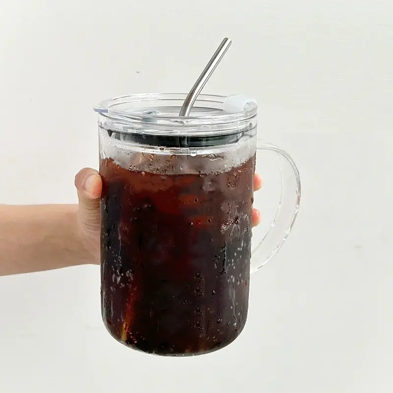Large Glass with Lid and Straw, High-Borosilicate Thin Glass, Durable Glass, 33.81 oz Heavy-Duty Glass Water Cup, Iced Coffee Cup, Glass Drinking Cup for Summer and Winter Drinkware, Glass Cups, Iced Coffee Cups with Lids Glass