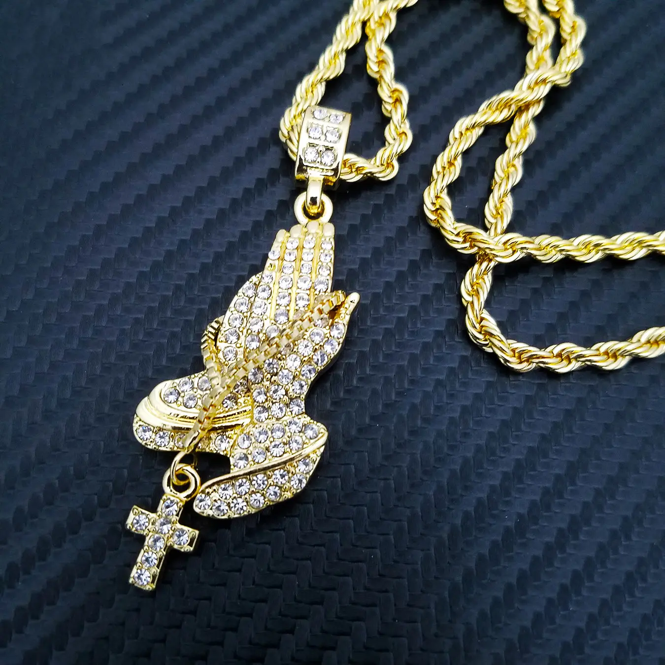 MaxBling81 Iced Gold Pendant Cross Necklace - Hip-Hop Inspired Ice Necklace with Prayer Hands Cubic Zirconia, 33x21mm Jeweled Crucifix Cross Relief Pendant, 4mm Rope Chain (18"-20"-24") Unisex Costume Jewelry, Ice Necklaces