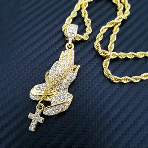 MaxBling81 Iced Gold Pendant Cross Necklace - Hip-Hop Inspired Ice Necklace with Prayer Hands Cubic Zirconia, 33x21mm Jeweled Crucifix Cross Relief Pendant, 4mm Rope Chain (18"-20"-24") Unisex Costume Jewelry, Ice Necklaces