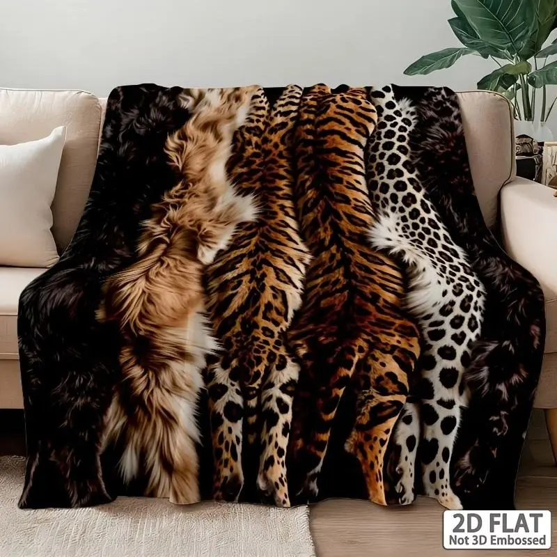Wildlife Theme Flannel Throw Blanket - Flannel Fabric, Mixed Leopard Tiger Cheetah Realistic Prints, Soft Plushness for Home Relaxation Indoor Use, Safari Bedroom Decor, Cozy Sofa Nap Blanket, Gift for Animal Print Lovers