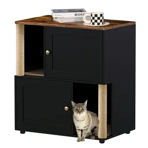 Gaomon 2-Cat Hidden Litter Box Enclosure Furniture - Double Unit, Wooden Top, Odor Control, Scratch Posts, Double-Layer Mats, Black