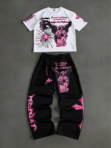 Print Cotton T-Shirt and Pants Set, Fitted, Comfortable Home Wear, Casual Daily Style, Spring & Fall Fashion, Clothes, Everyday