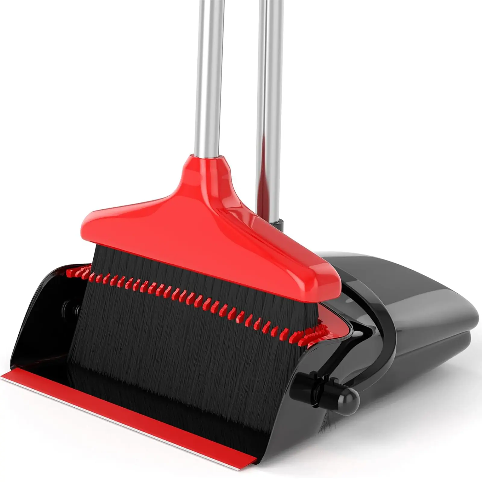 Nifogo Broom and Dustpan Set, 45.7-in Long Adjustable Handle Broom Dustpan Combo with Dustpan Teeth to Automatically Clean Hair Suitable for Home Kitchen Office Hall Floor（Black&Red）