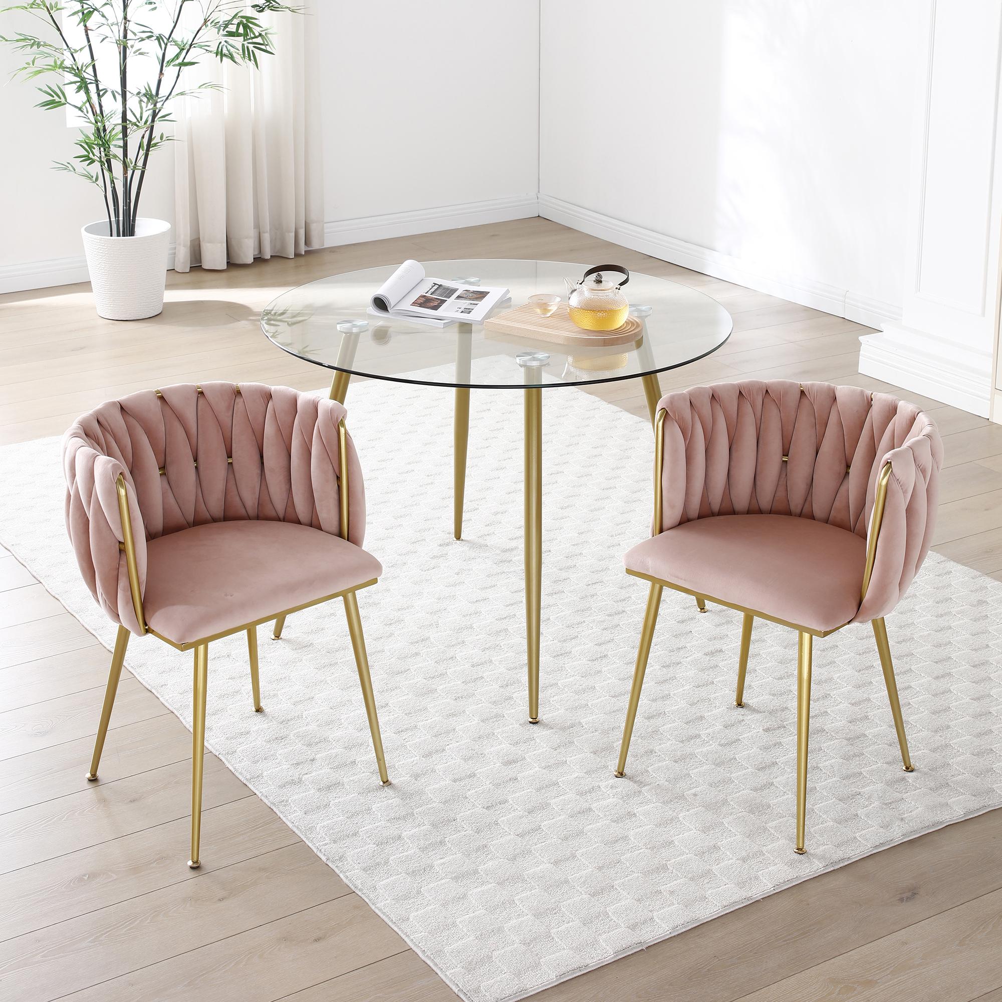 Eyisean 28" H Velvet Modern Dining Chairs Set of 2, Luxury Upholstered Side Chair with Curved Woven Backrest, Durable Accent Chair with Golden Metal Legs, Easy Assembly for Dining Room, Kitchen, Living Room