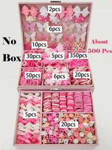 500pcs/Set Girls' Pink Bowknot Hair Clips, Cute Princess Hair Accessories, High Elastic Durable Non-Damaging Hair Ties, Hair Bands, Rabbit Ear Hair Rings, Versatile Duck Clip Barrettes, Suitable For Daily Use