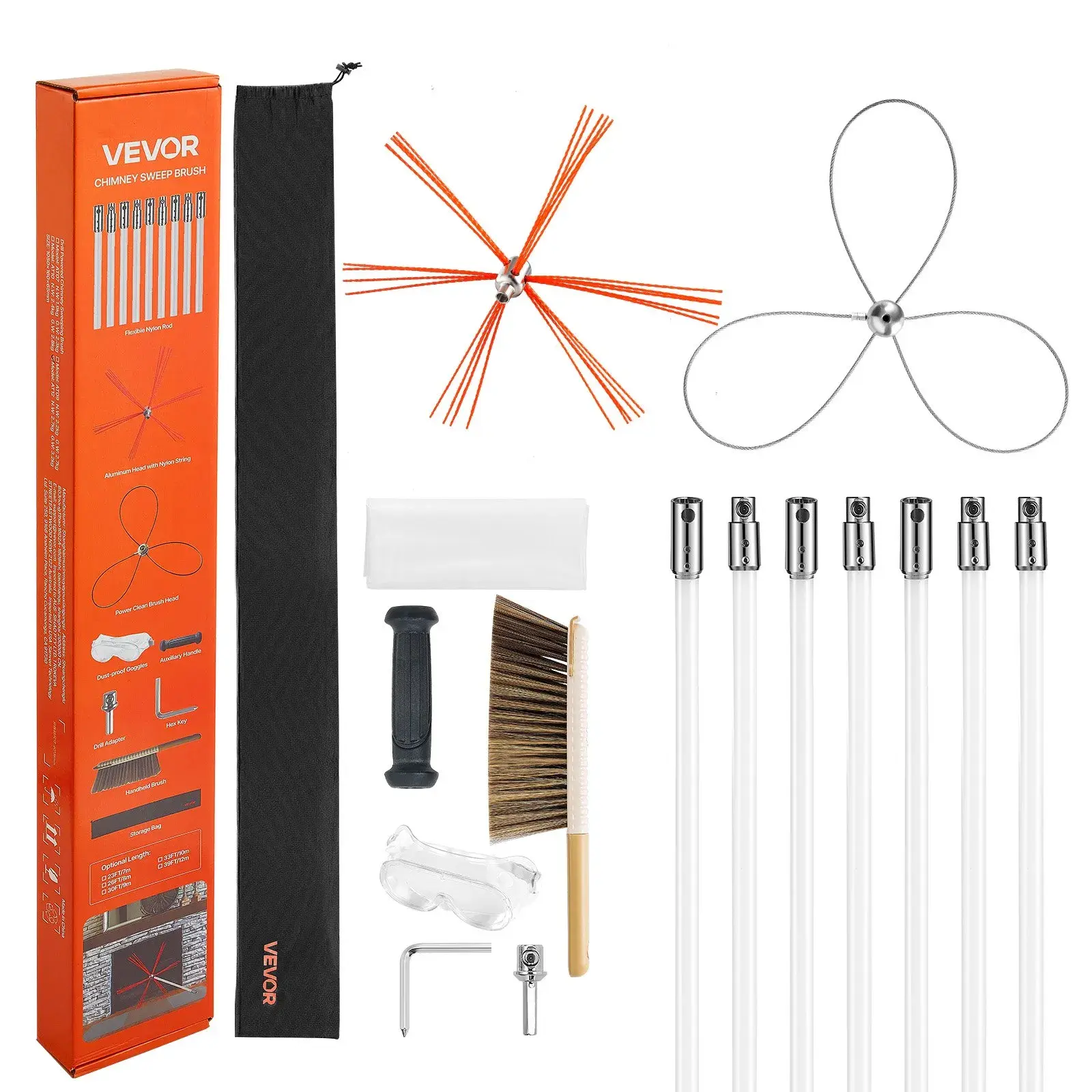 VEVOR Chimney Sweep Kit,  23 ft Maximum Extendable Length Chimney Brush, Chimney Cleaner Sweeper with Dual Brush Heads, Brush & Goggles, Fireplace Cleaning Tool for Square, Rectangle, Arch Chimneys