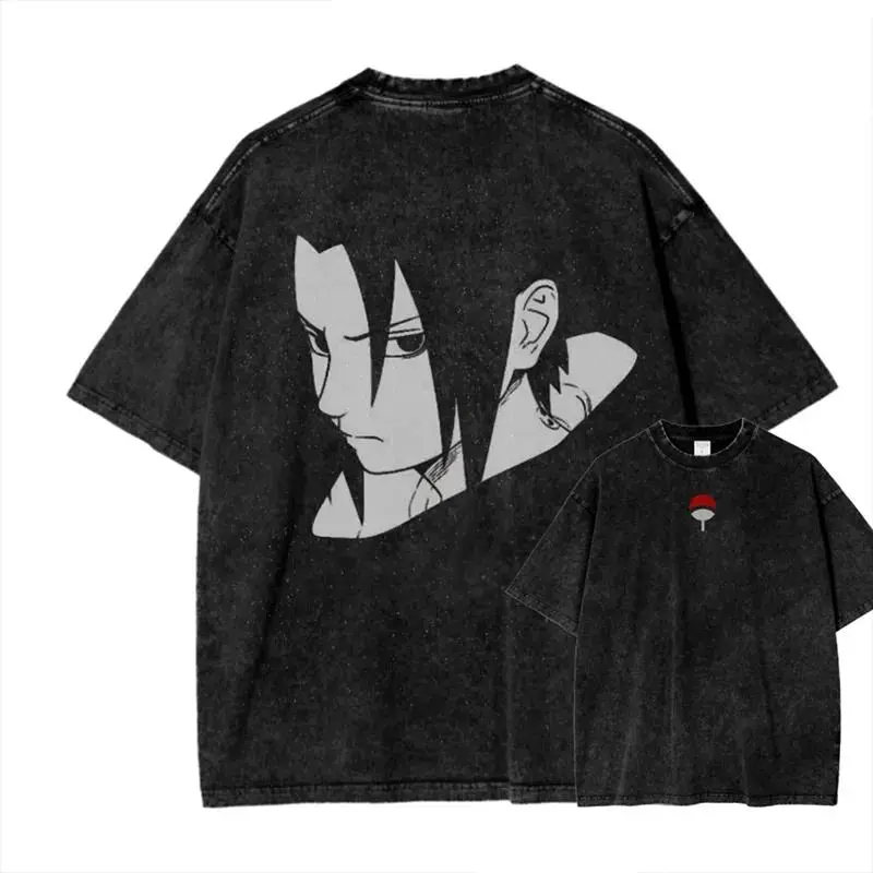 Sasuke Chidori T-shirt Naruto Manga Tee Vintage Washed Oversized Retro Anime Harajuku Streetwear Mens Graphic Clothes for Men