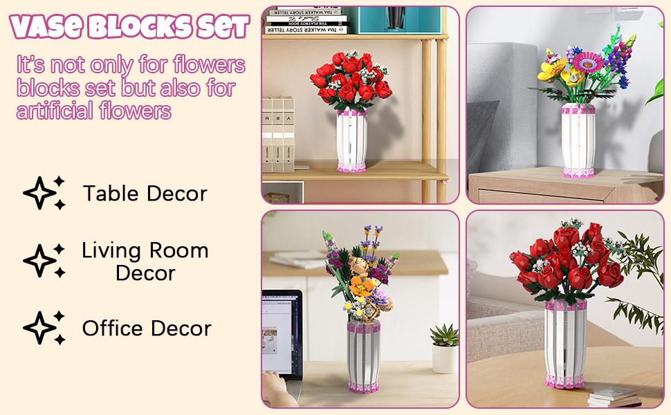 TENHORSES Pink Vase for Lego Flower Bouquet Building Decoration Set and Artificial Flowers, Ideal for Valentine's Day Gifts for Girls Box Decorative Colorful Fruit Plants Ornaments