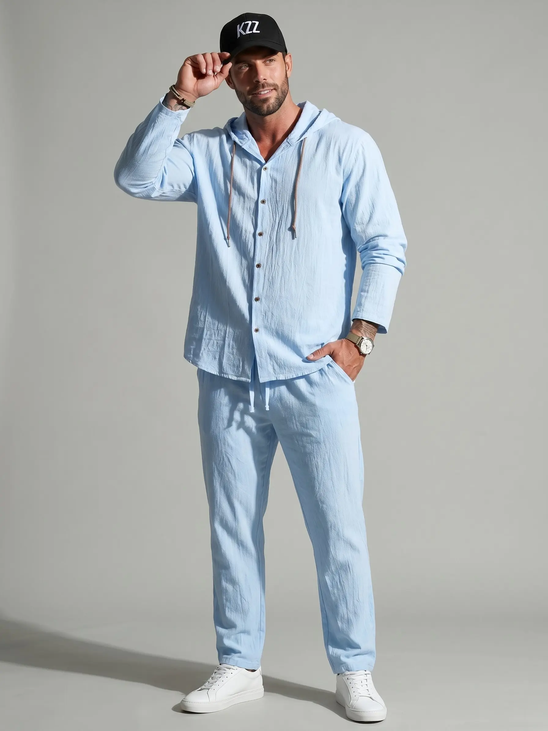KZZ Men's 2-Piece Casual Sports Tracksuit, Lightweight Cotton-Linen Activewear Workout Set with Hooded Button-Front Shirt and Trousers, Breathable Sporty Outfits, Athleisure Gym Clothes, Casual Sporty Set, Long Sleeve Shirt