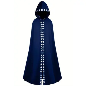 Men’s Moon Pattern Printed Hooded Cloak, Ceremony Robe Gift for Halloween Party