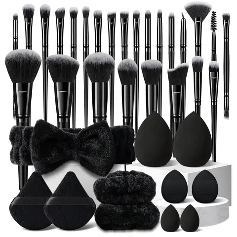 Luxury 36-Piece Synthetic Unisex Makeup Brushes & Blending Tools Set - 25 Brushes, Standard/Mini Sponges, Triangle Powder Puffs, Headband, Wristbands, Water Drop Finger Puffs, Pouch for Flawless Routine