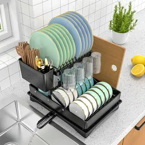 Expandable Dish Drying Rack, Rust-Proof Metal Dish Racks for Kitchen Counter with 360° Swivel Drain Spout, Space-Saving Dish Drainer with Utensil Holder for Small Apartment & Home Organization, Black
