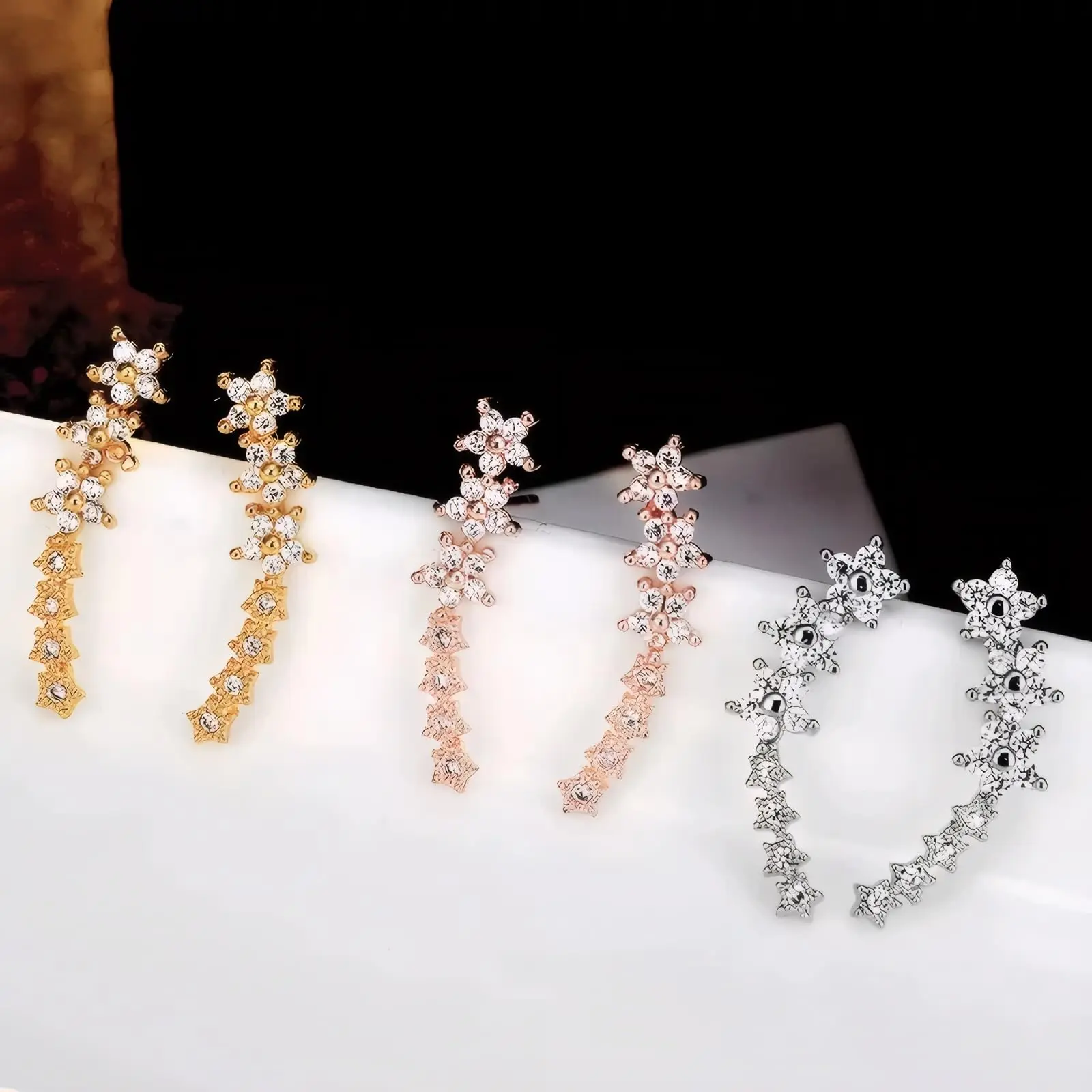 Dainty Ear Climbers Stud Earrings for Women Small Trend Flower Cuff Crawler Earrings with Cubic Zirconia Wedding Jewelry Graduation Gift in Silver Gold Rose Gold & White Gold Daily Wear