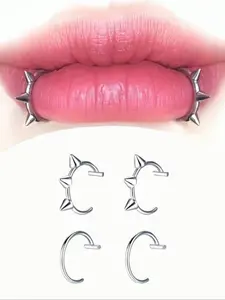 Gothic Style Stainless Steel Fake Lip Ring Set - Vampire Teeth Design Unisex Cosplay Jewelry, Non-Piercing Lip Cuff for Halloween, Music Festivals, Pride Month, Thanksgiving & Christmas Party Accessories, All Seasons Wearable