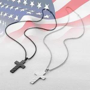 Unique US Flag Cross Necklace for Men Bible Verse, Christian Religious Scriptures Faith Baptism 1st First Communion Pendant Chain for Boys, Fathers Dad Day Graduation Jewelry Gifts for Him